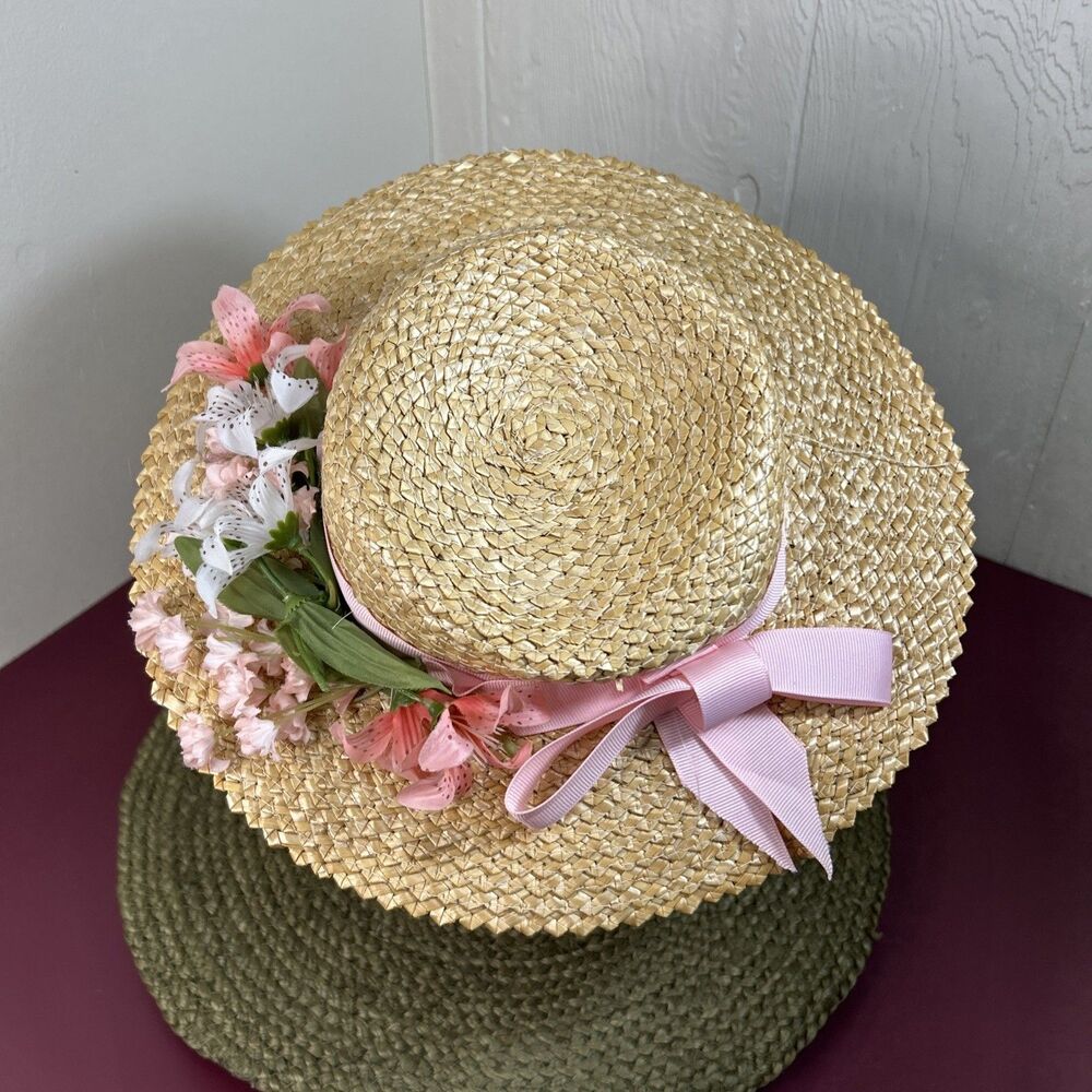 Girls Fancy Straw Sun Hat With Pink Ribbon And Faux Lilies